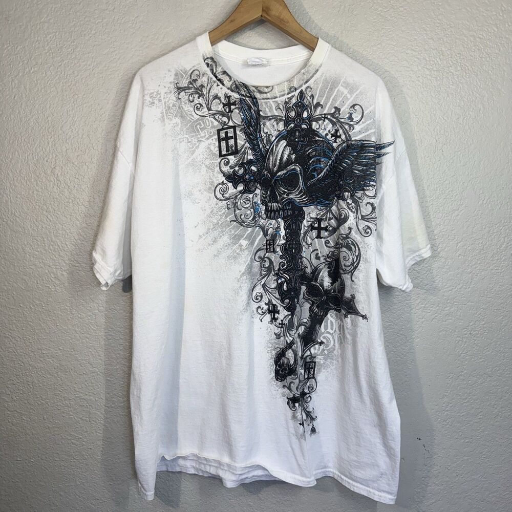 VTG Gildan Heavy Cotton T Shirt White Y2K 2000s Gothic Cross Graphic Men 2XL